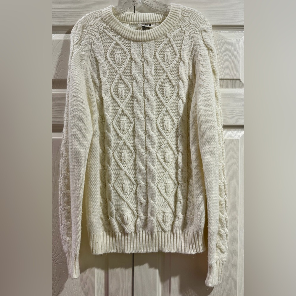 Vintage Ivory Cable Knit Sweater Sz Large MG Montgomery Ward Acrylic Crew Neck